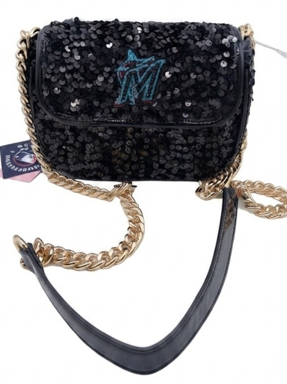 NEW Miami Marlins MLB Sequin Crossbody Bag Cuccio Gold Chain NWT